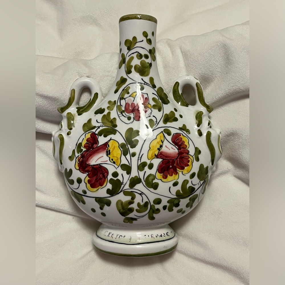 Hand painted Italian Majolica Ceramic Bottle Pilgrim Flask